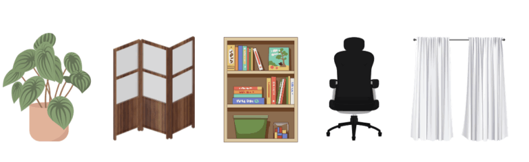 Illustrationen von Pflanzen, einem Paravent, einem Regal, einem Bürostuhl und Vorhängen