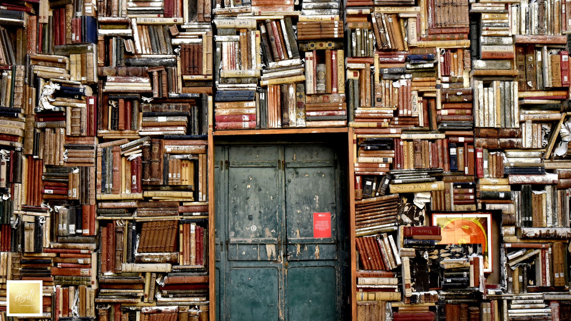 Chaotische und volle Bücherwand mit einer Tür in der Mitte. Bücher ausmisten leicht gemacht.
