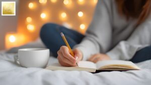 Besser schlafen durch Journaling sitzend im Bett