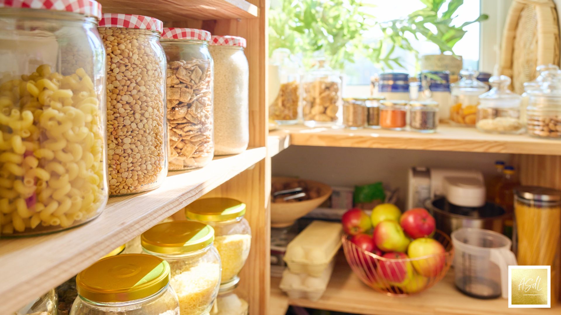 Ordnung in der Küche dargestellt durch eine lichtdurchflutete Küche mit Regalen, in denen geordnete Zutaten steht